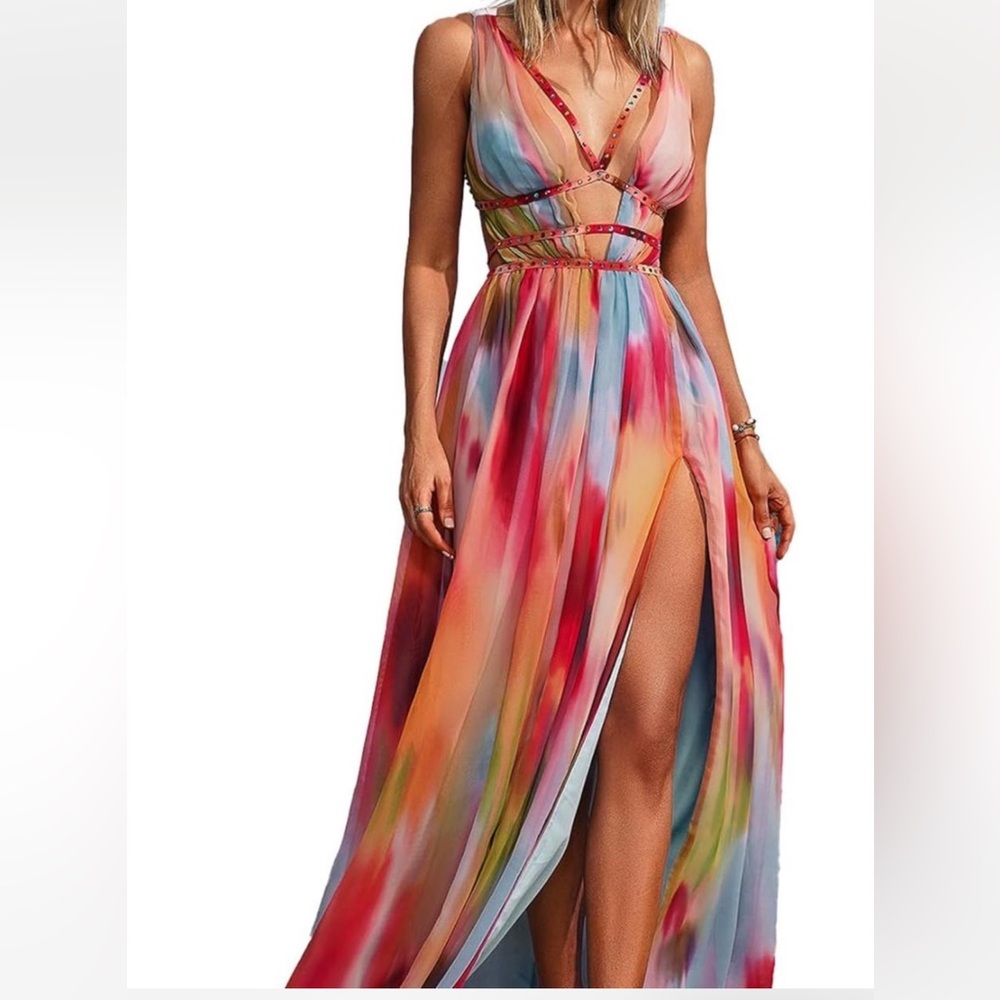 Bella Barnett Eileen multi-coloured maxi dress with tie back detail Small BNWT